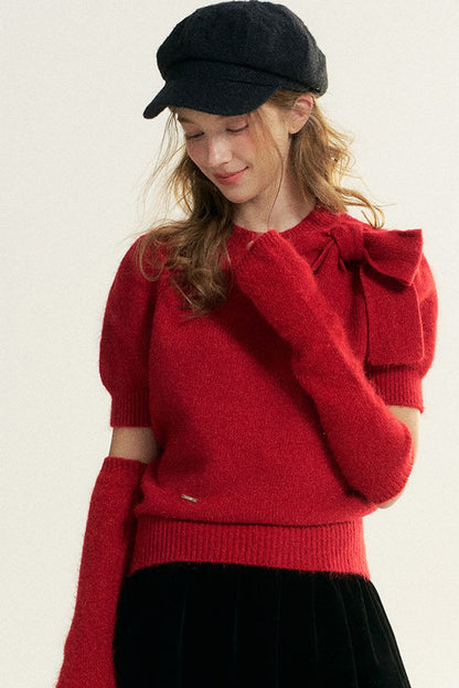 Bowknot Puff Sleeve Knitted Sweater