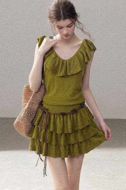Ensemble robe en tricot à col V et à volants étagés