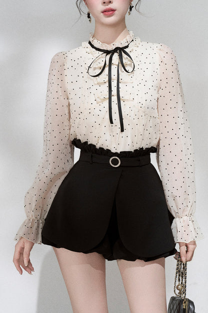 Polka Dot Chiffon Blouse and Skirt Set-Up