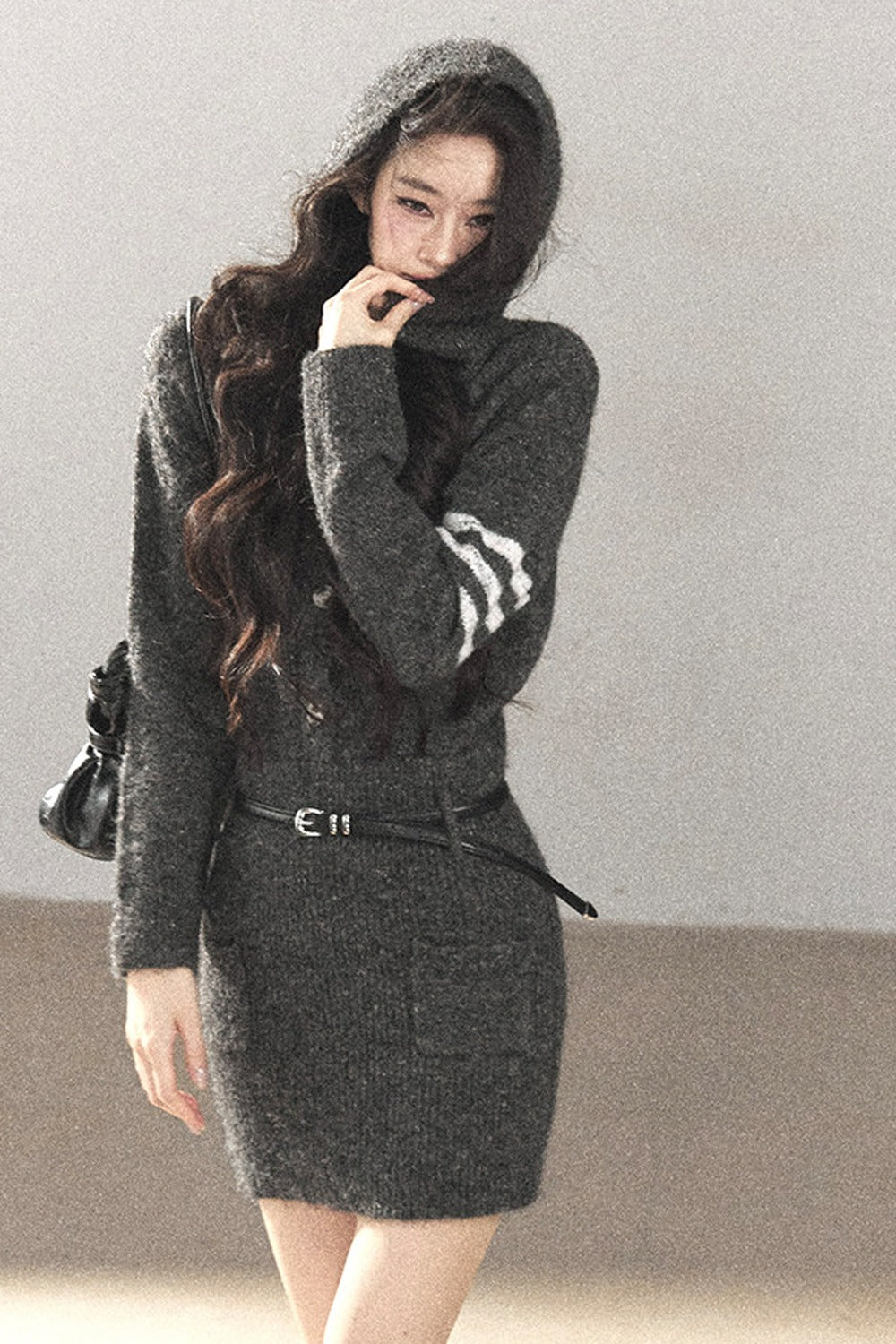 Whale Gray Wool Hooded Bodycon Sweater Dress