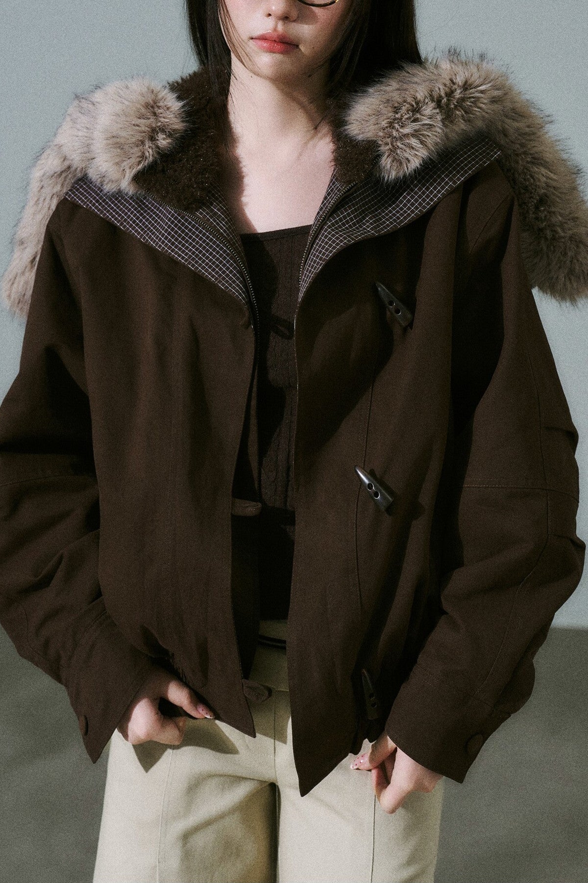 Horn Button Plaid Fur Collar Jacket