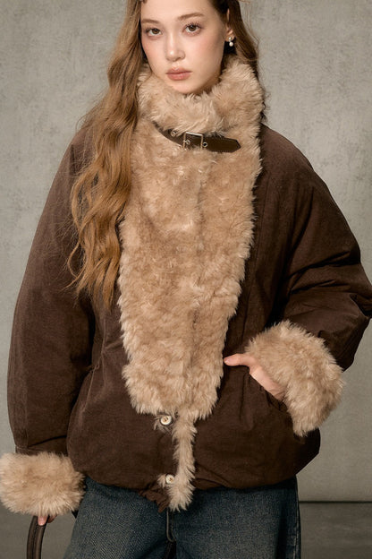 Wheat Spike Floral Plush Stand Collar Jacket