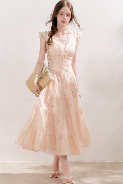 Five-Petal Flower Cutout Tiered Cotton Dress