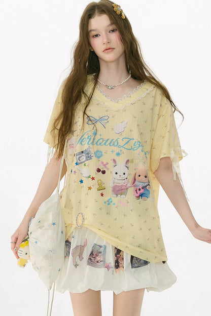 Tee-shirt jaune à col en V en dentelle florale