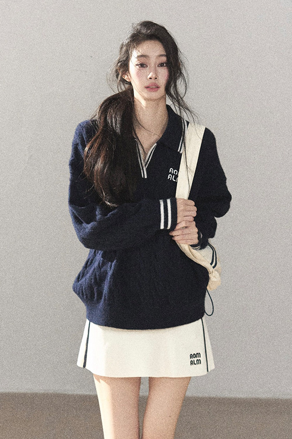 Navy Blue Sweater And White Mini Skirt Set-Up