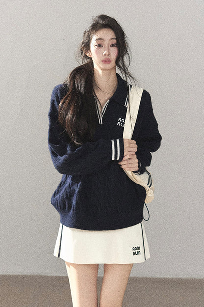 Navy Blue Sweater And White Mini Skirt Set-Up