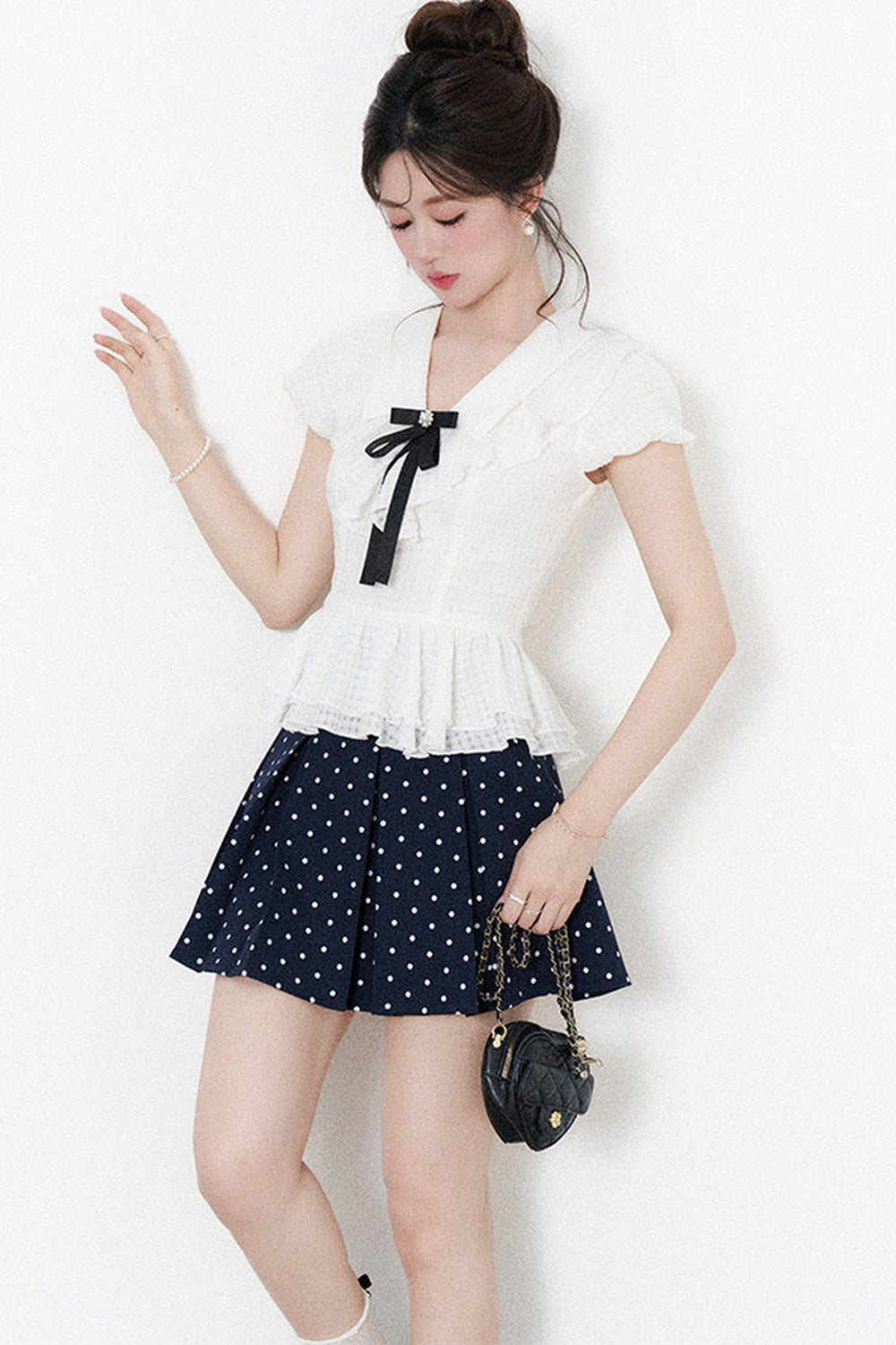 High-Waisted Polka Dot Skirt with Ruffle Shirt Set