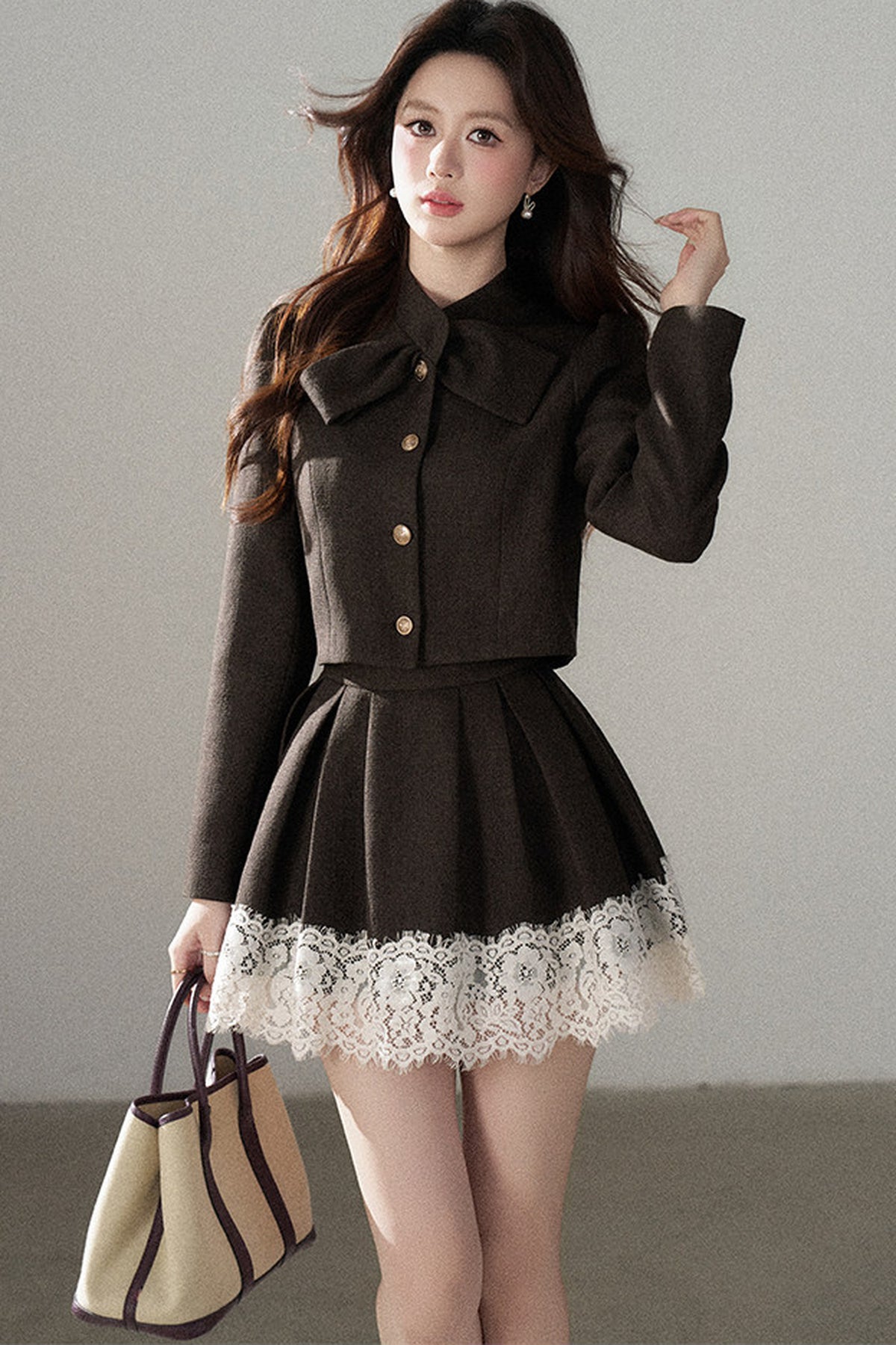 Coffee Lace Splicing Jacket and Skirt Set-Up