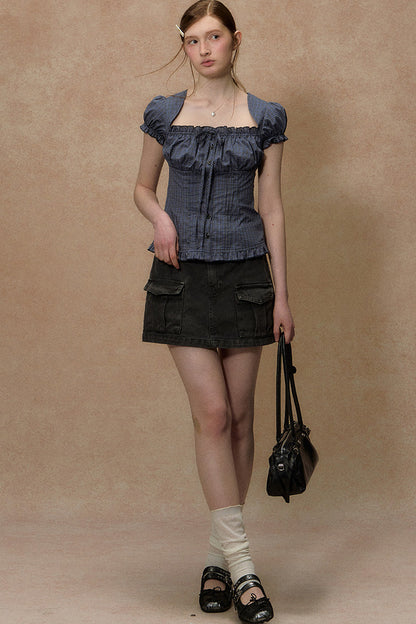 Plaid Puff Sleeve Ruched Top