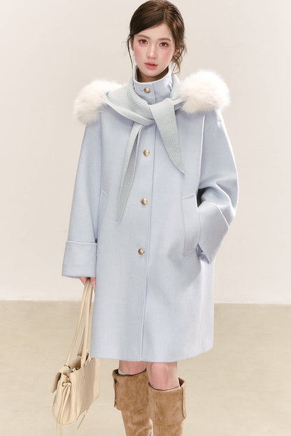 Cappotto in misto lana con collo in pelliccia rimovibile
