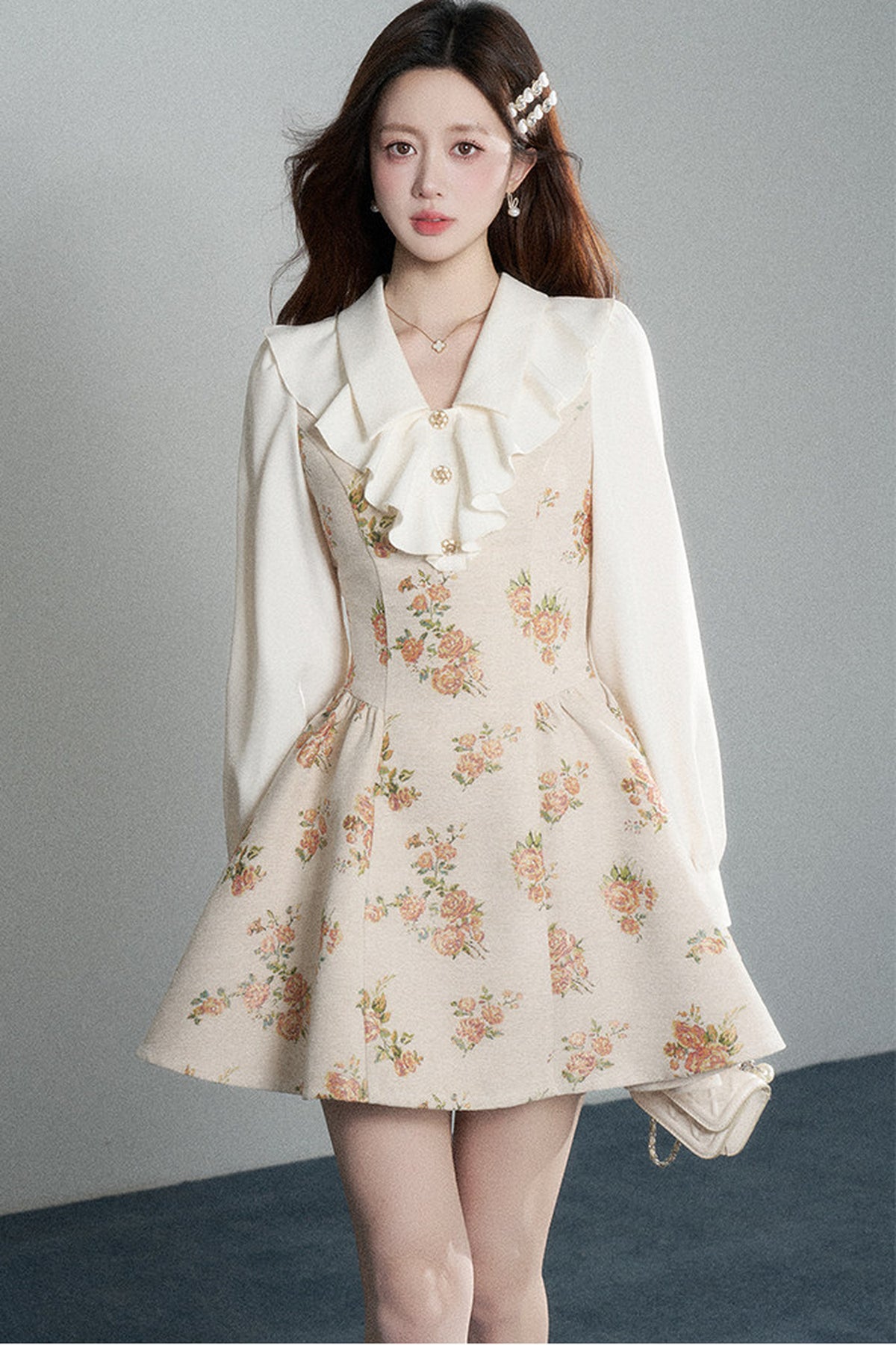 Floral Lantern Sleeve Ruffle Collar Dress