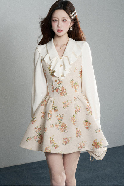 Floral Lantern Sleeve Ruffle Collar Dress