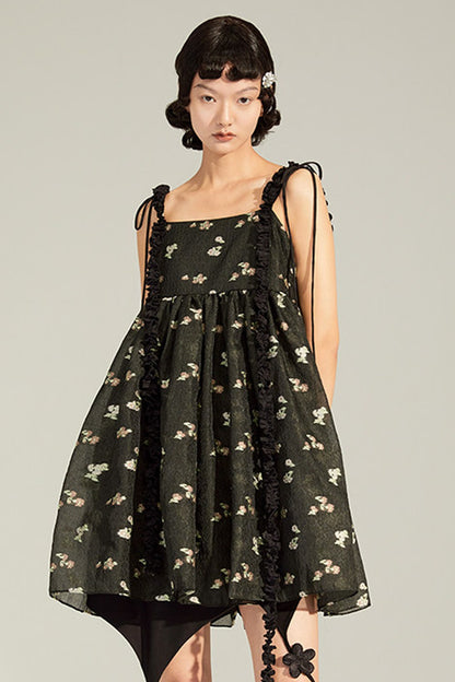 Floral Jacquard Ruffle Strap Dress