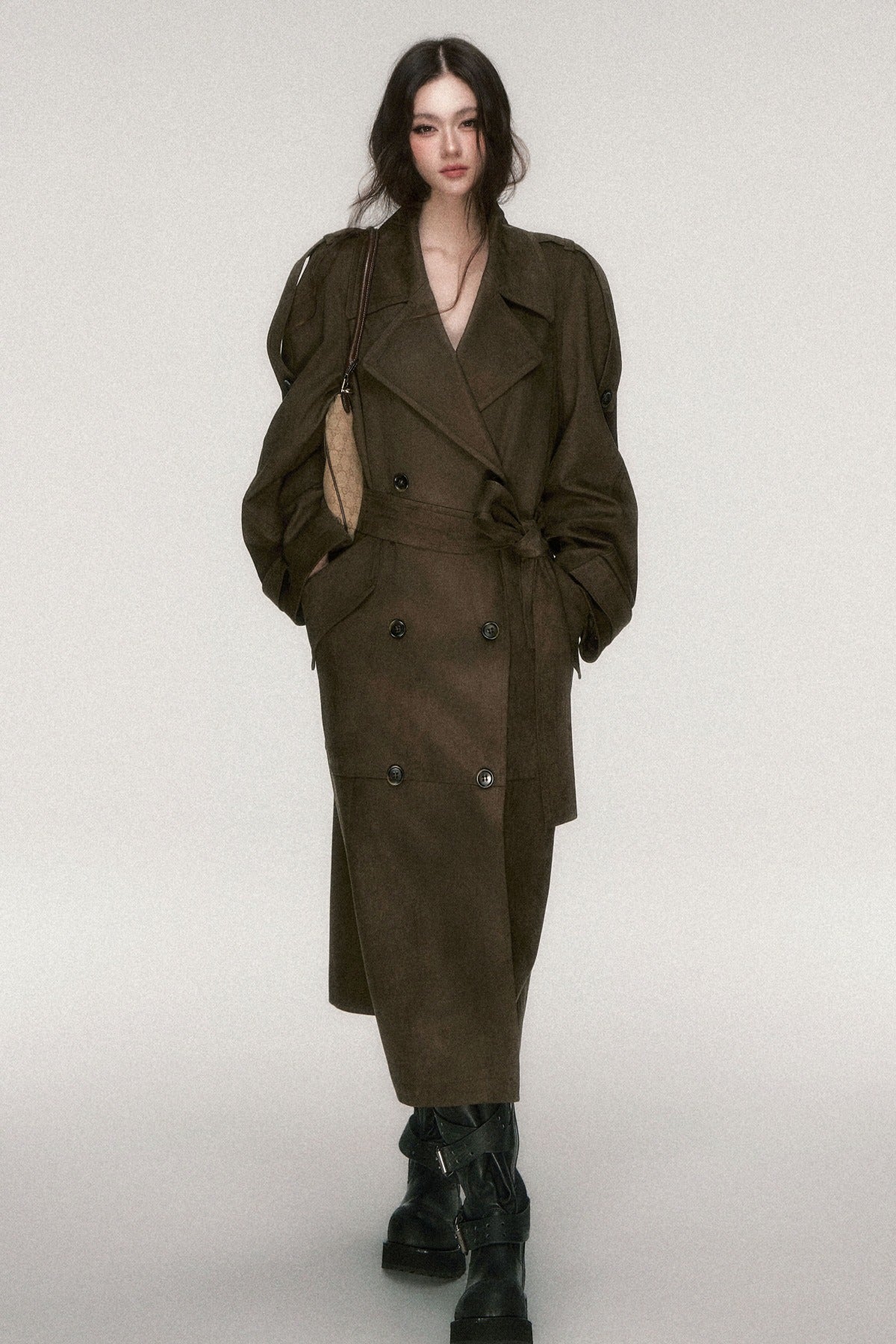 Brown Coffee Suede Long Trench Coat