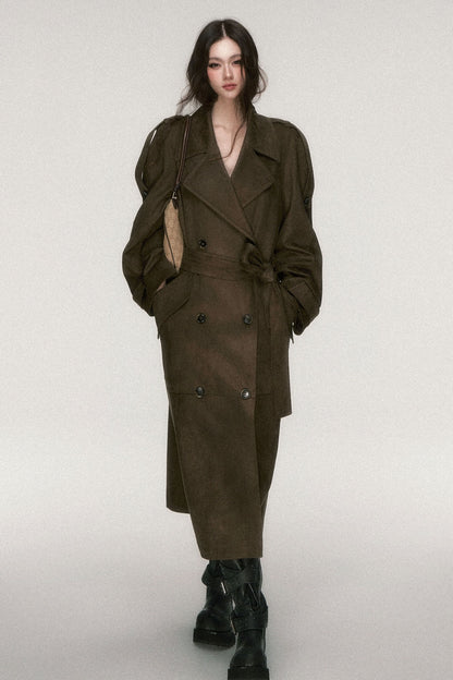 Brown Coffee Suede Long Trench Coat