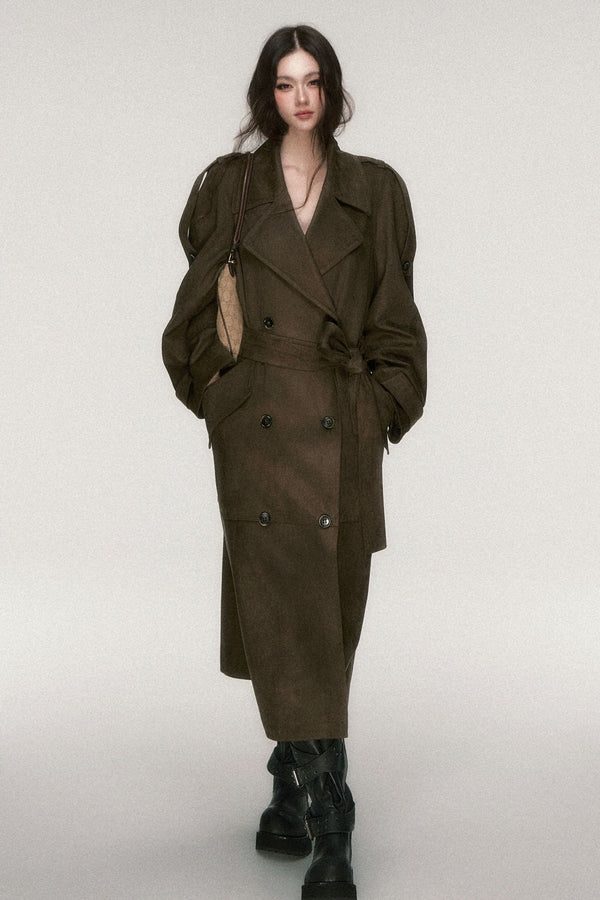 Brown Coffee Suede Long Trench Coat