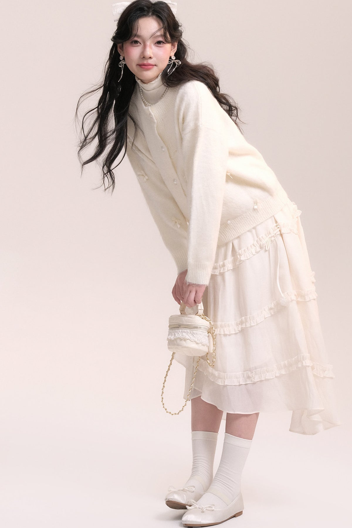 Ballet Bow Knit Cardigan With Skirt Set