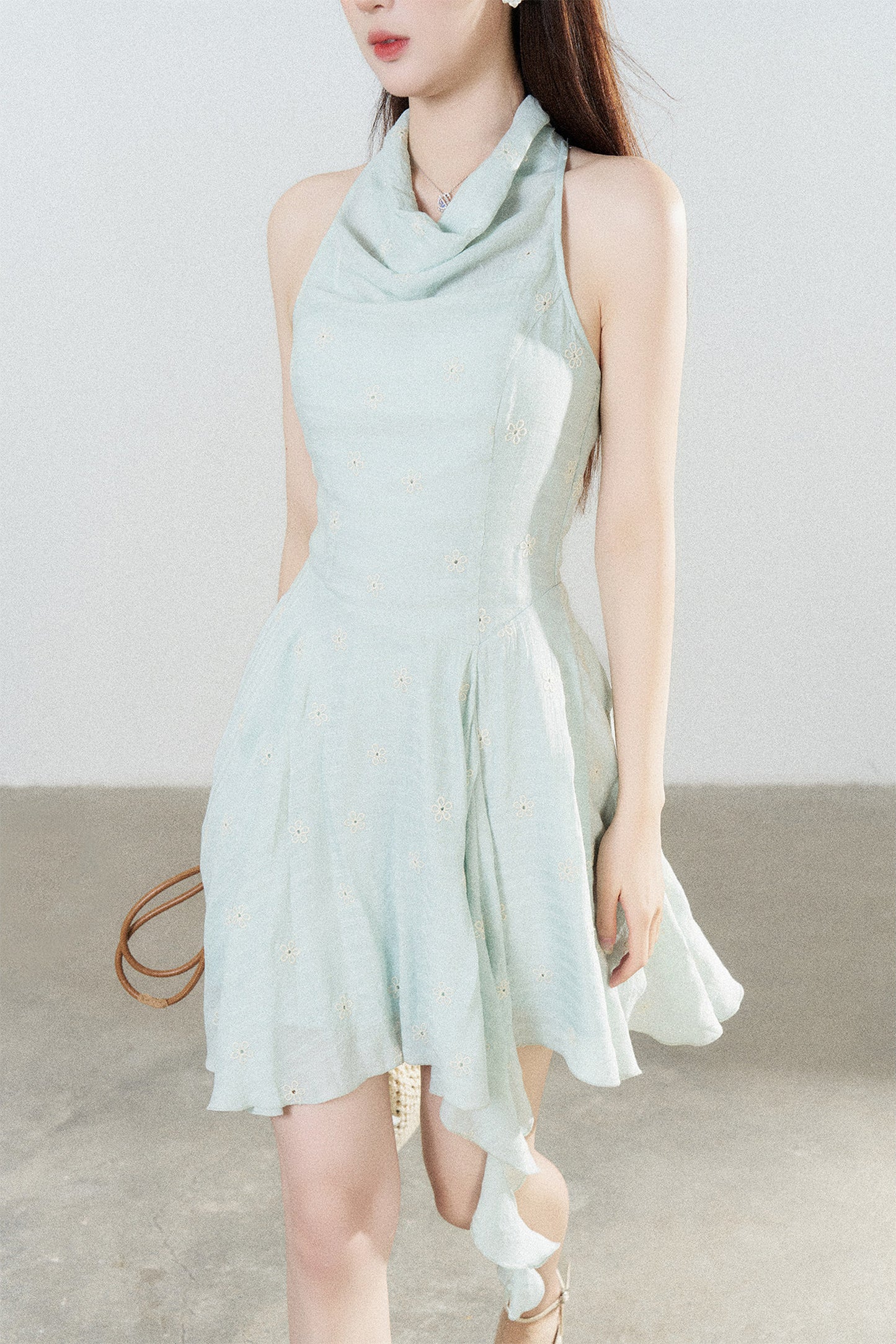 Halter Neck Sleeveless Irregular Hem Ruffle Dress
