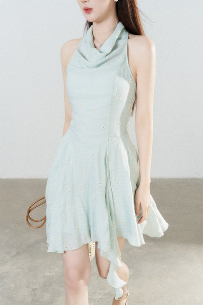 Halter Neck Sleeveless Irregular Hem Ruffle Dress