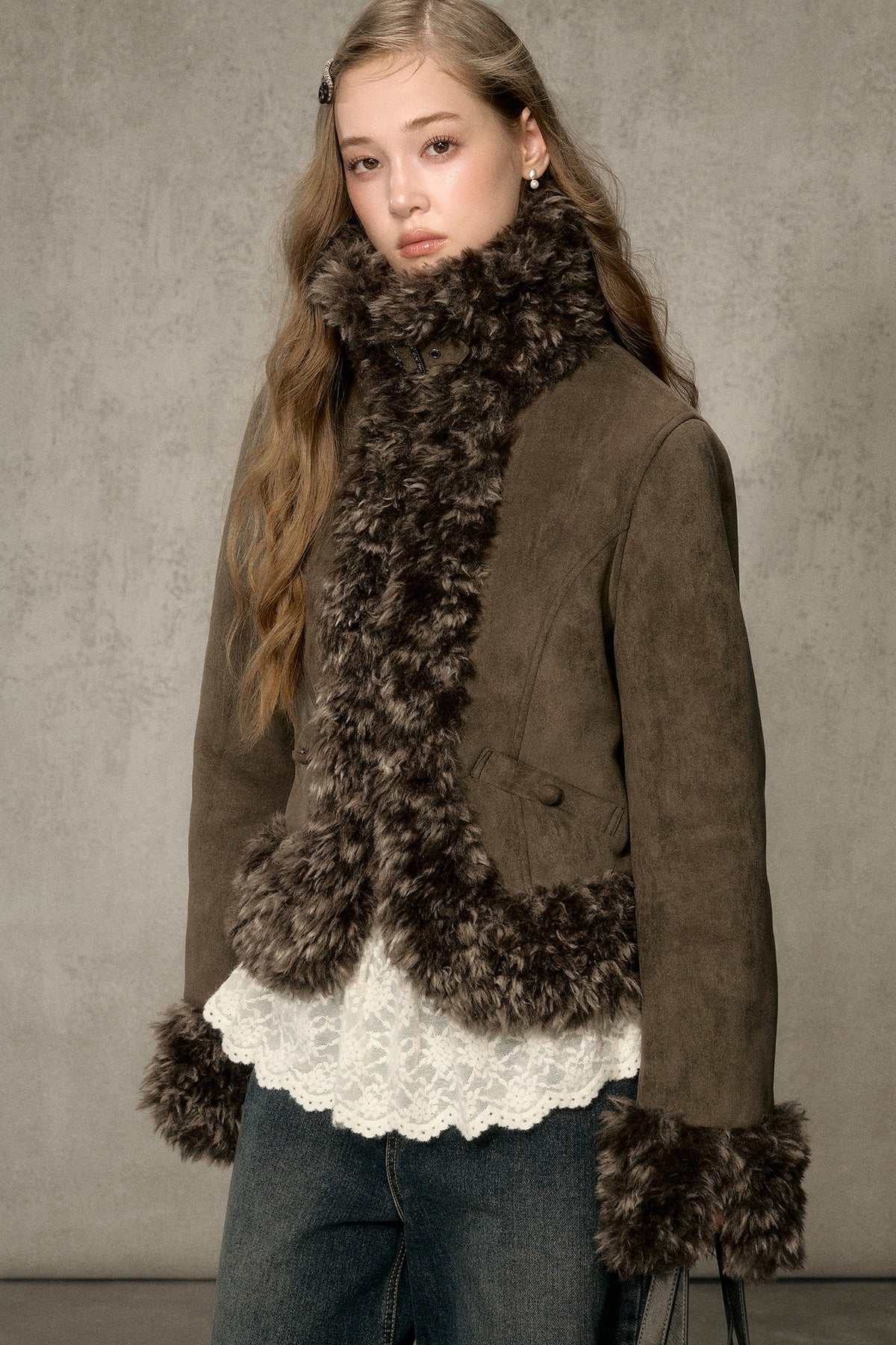 Faux Suede Short Fuzzy Collar Jacket