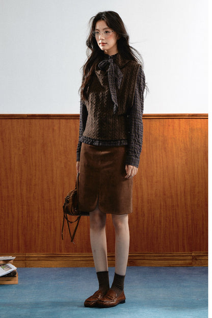Retro Plaid Ribbon Top and Suede Skirt Set-Up