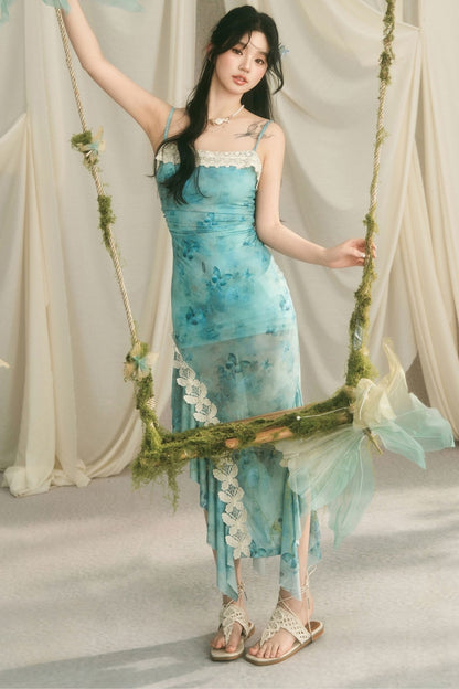 Meerjungfrauenkleid mit Spaghettiträgern und Schmetterlingsspitze