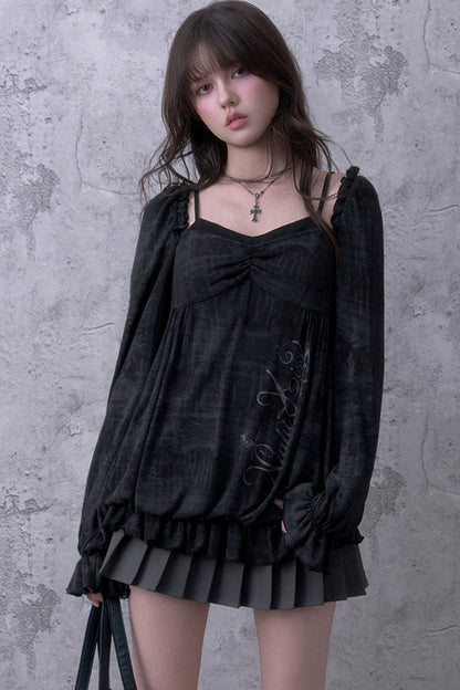 Schwarze Bluse in Lagenoptik mit Blumenmuster
