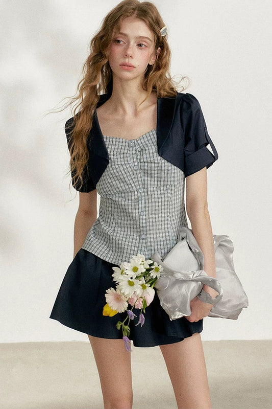 Blue Plaid Layered Short Sleeve Shirt