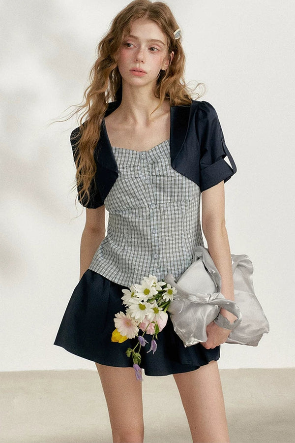 Blue Plaid Layered Short Sleeve Shirt