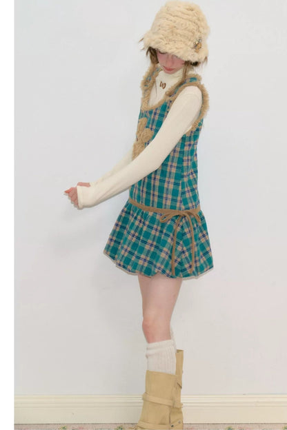 Plaid Bunny Pocket Vest Dress