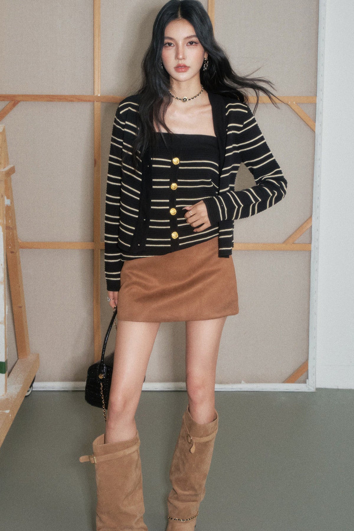 Gestreiftes Strickjacke- und Tube-Top-Set