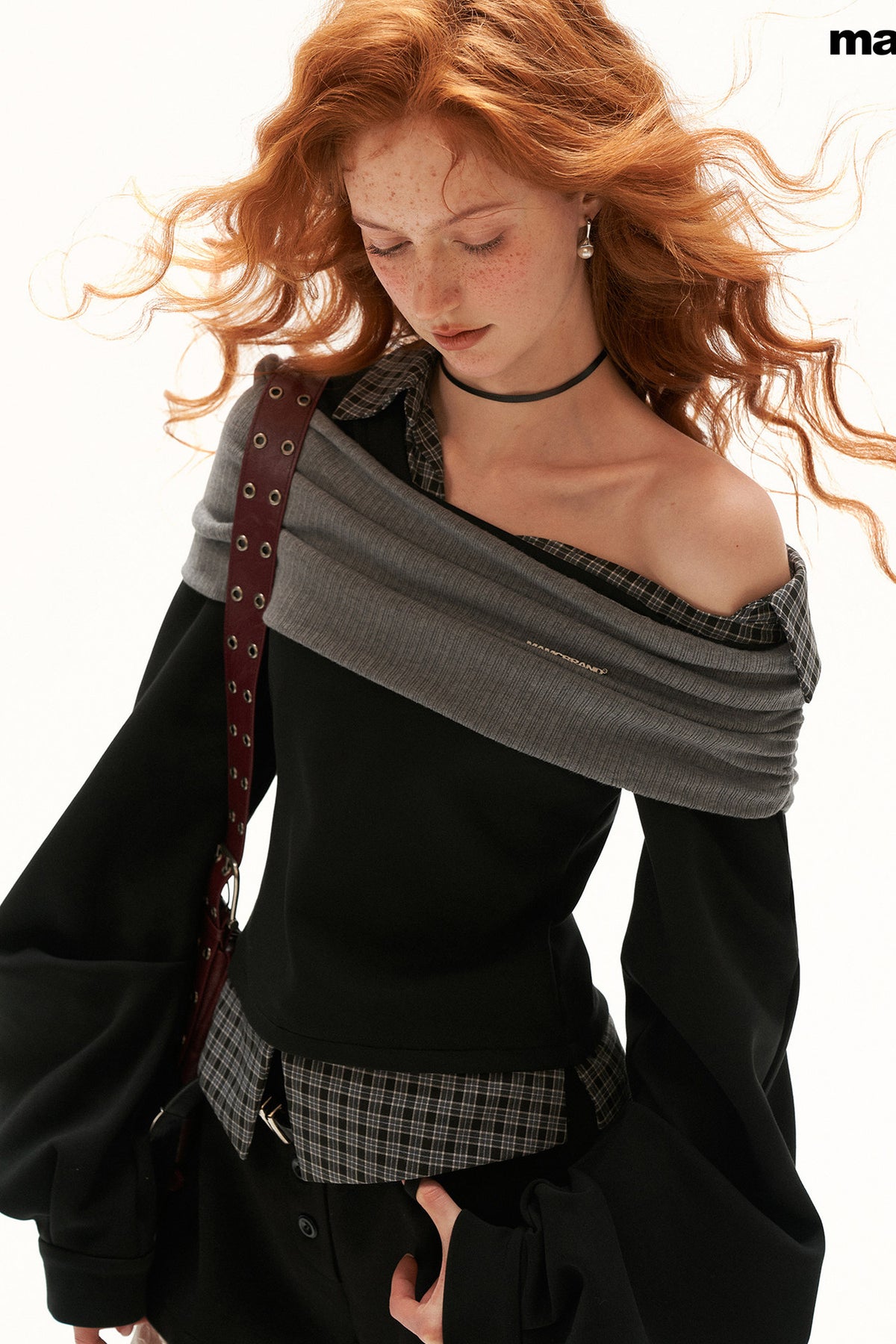 Plaid Patchwork Off-Shoulder Sweatshirt