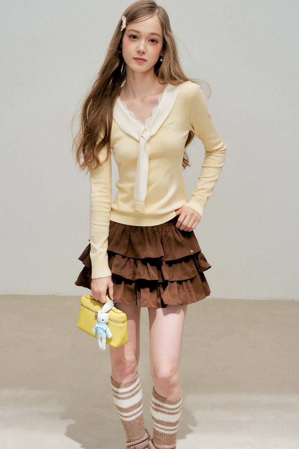 Cream Contrast Lace Tie Knit Sweater