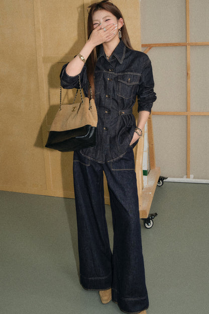 Waist-Cinching Denim Shirt and Flared Jeans Set-Up