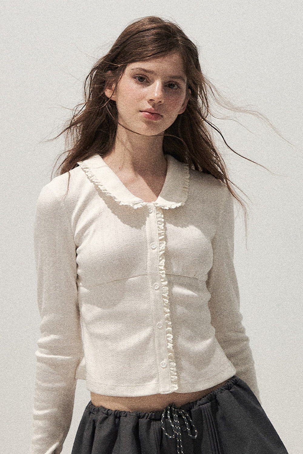 Doll Collar Textured Hollow Floral Cardigan