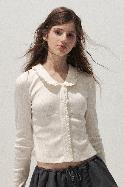 Doll Collar Textured Hollow Floral Cardigan