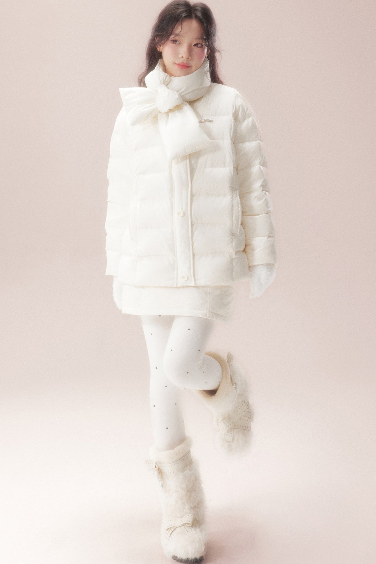 Bow-Knot Scarf Mid-Length Down Jacket