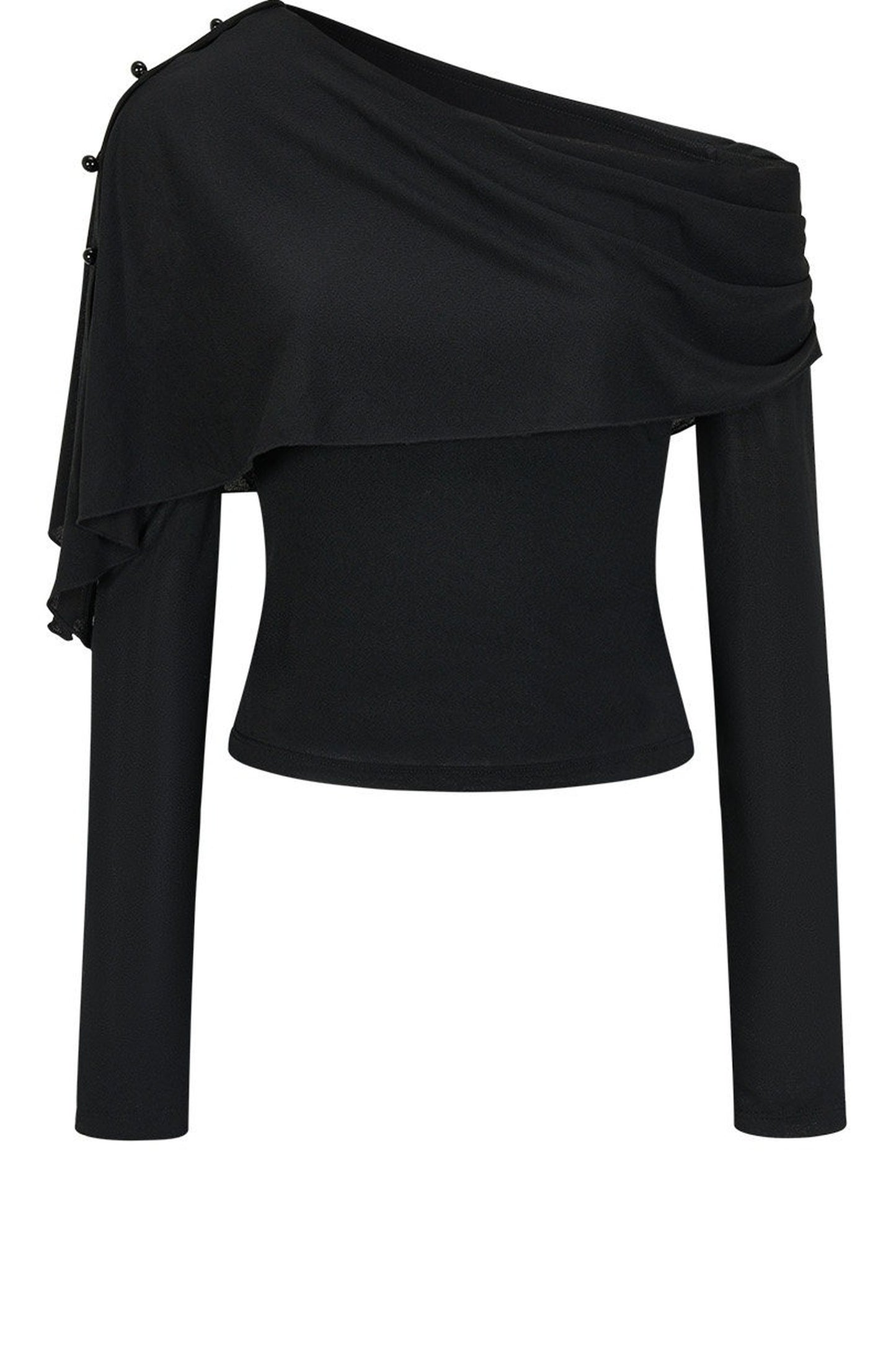 Asymmetric One-Shoulder Button Shawl Long Sleeve Top