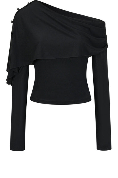 Asymmetric One-Shoulder Button Shawl Long Sleeve Top