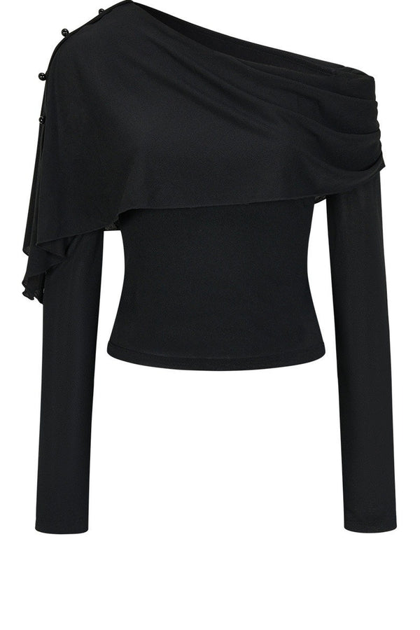 Asymmetric One-Shoulder Button Shawl Long Sleeve Top