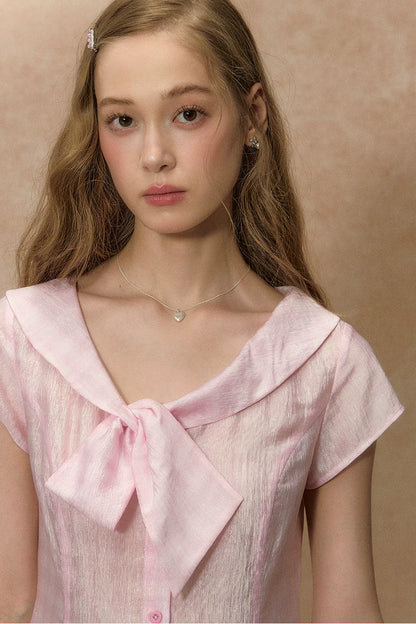 핑크 체크 브이넥 짧은 셔츠