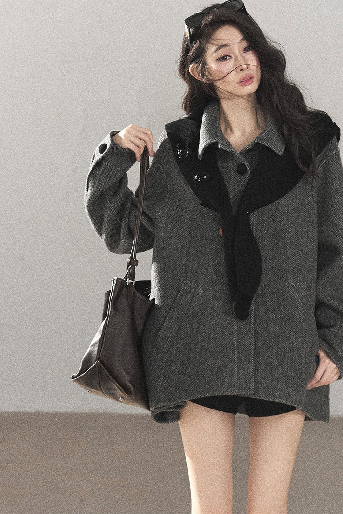 Double-Sided Herringbone Woolen Coat