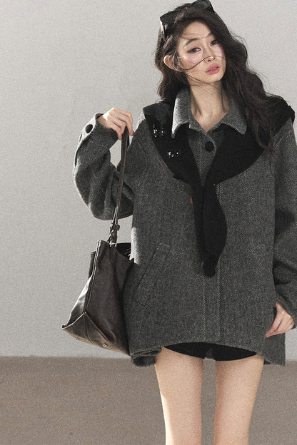 Double-Sided Herringbone Woolen Coat