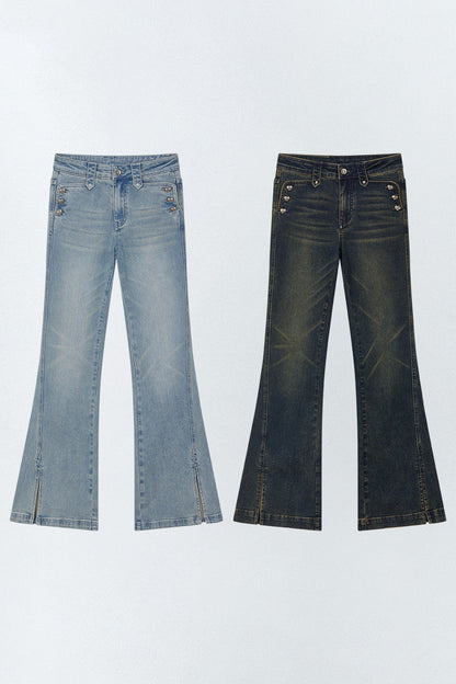 Heart Button Slit Flared Jeans