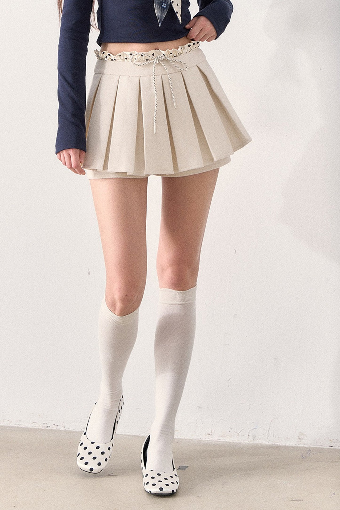 Polka Dot Waistband Layered-Look Pleated Skirt