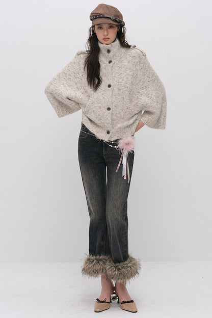 Stand Collar Corsage Knit Cardigan