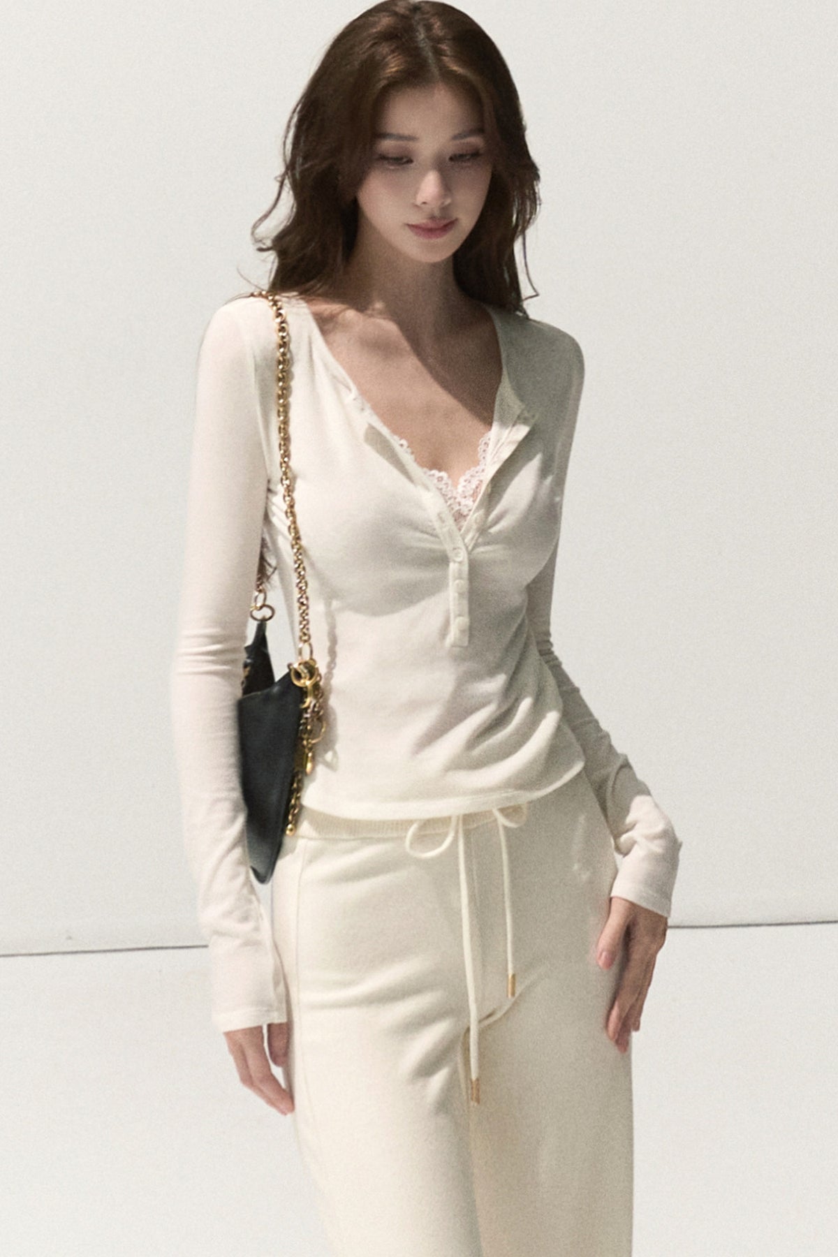Lyocell Wool Lace Polo Knit Top