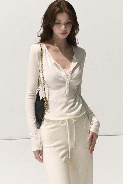 Lyocell Wool Lace Polo Knit Top