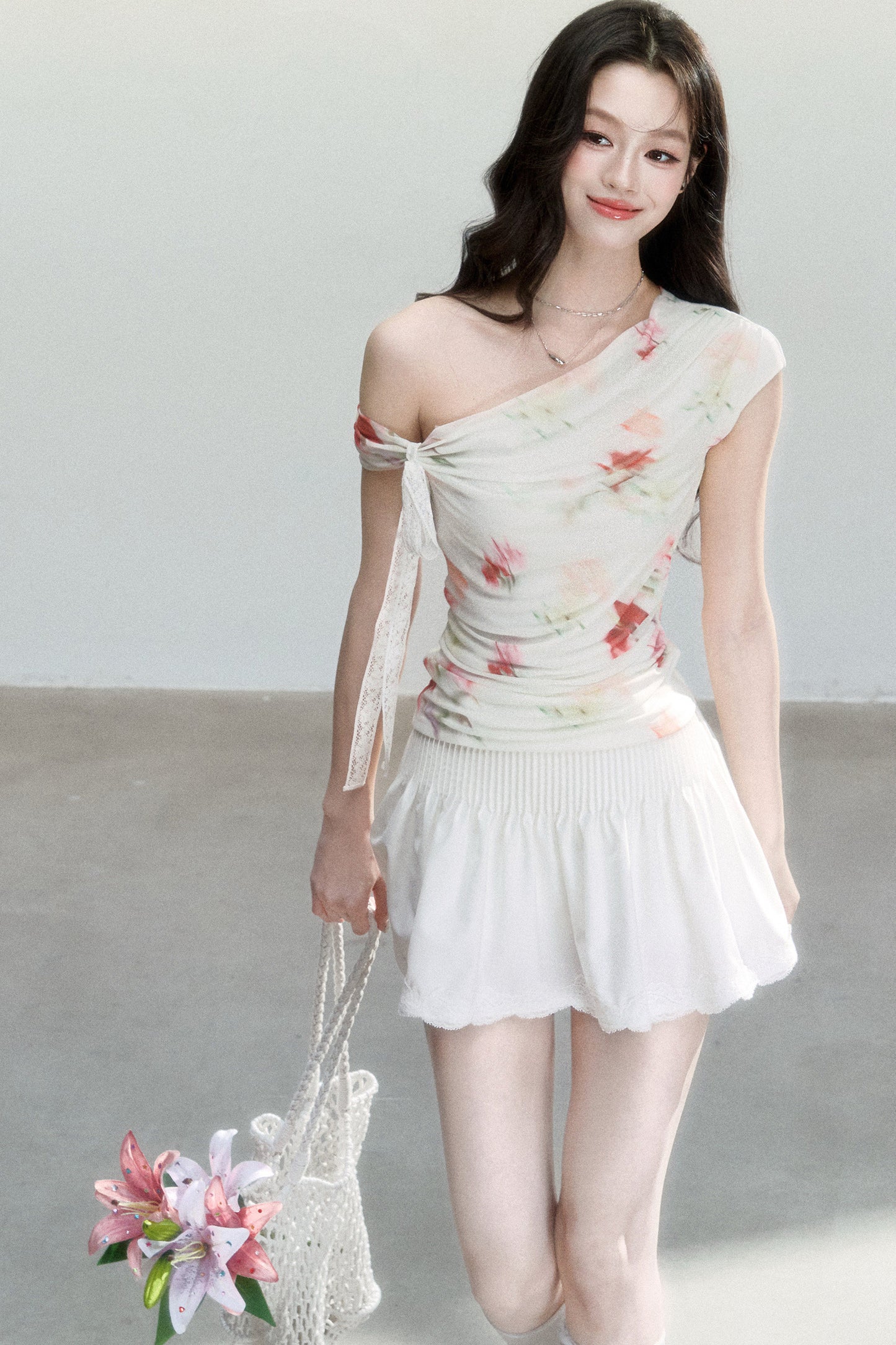 Summer Floral Mesh Off-Shoulder Top