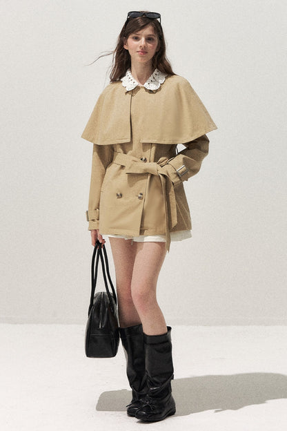 Detachable Cape Crochet Collar Trench Coat